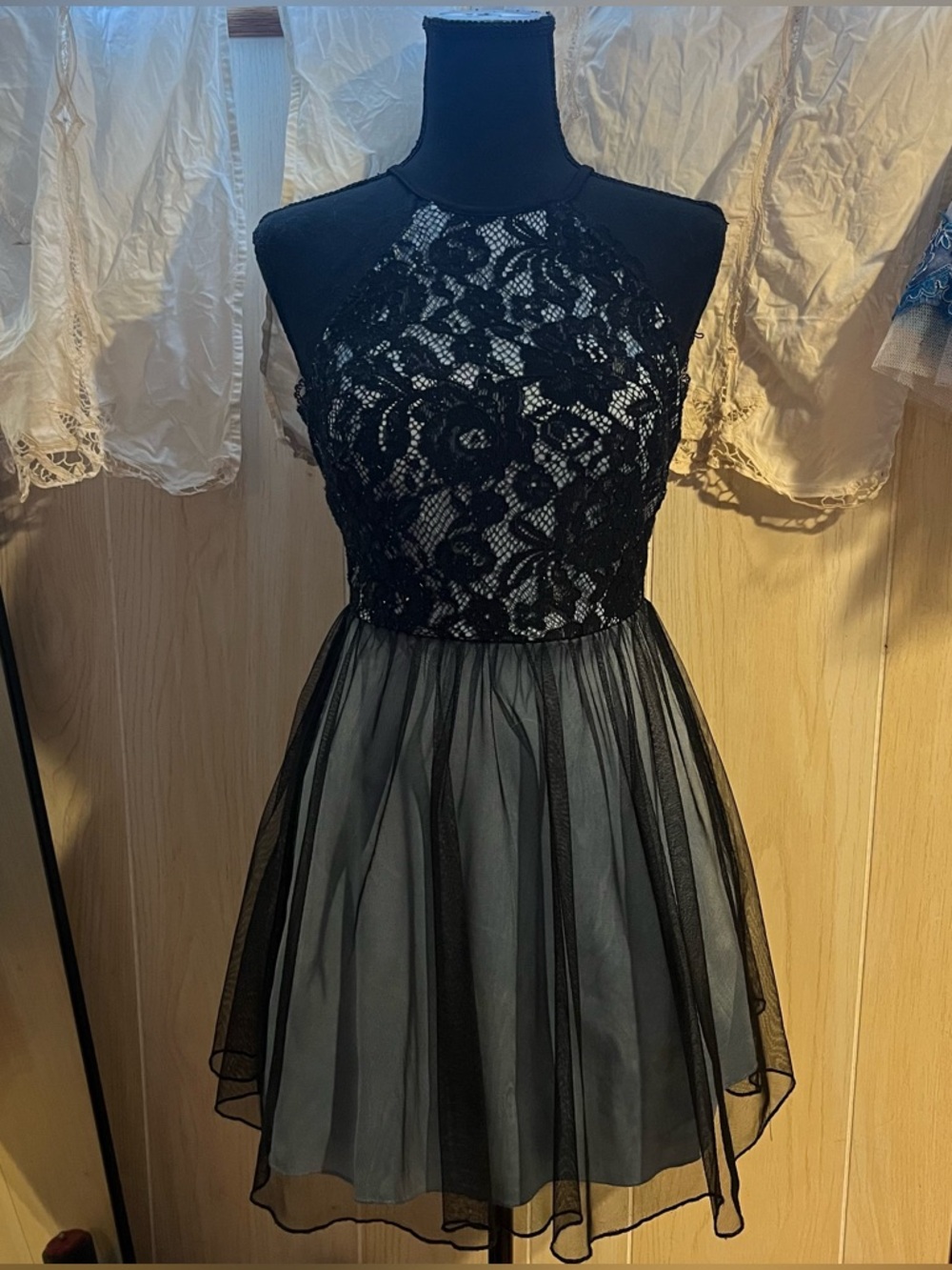 Speechless Black and Blue Lace Halter Mini Dress